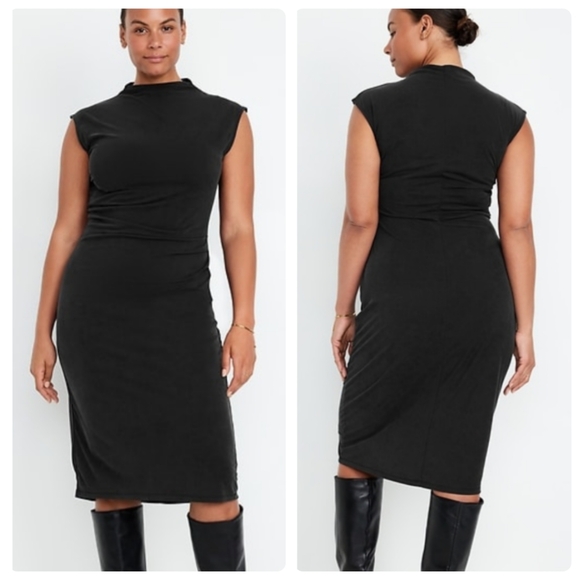 Old Navy NWT Black Ruched Midi Dress size Large - Picture 1 of 7